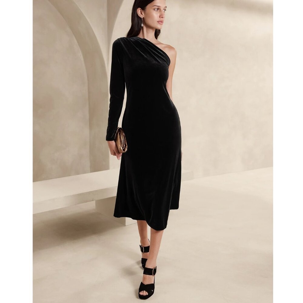 NWT! Banana Republic Black Tie Velvet One-Shoulder Blaire Midi Cocktail Dress L